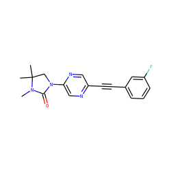 CN1C(=O)N(c2cnc(C#Cc3cccc(F)c3)cn2)CC1(C)C ZINC000144728644
