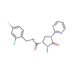 CN1C(=O)N(c2ncccn2)C[C@H]1C(=O)NCc1ccc(F)cc1Cl ZINC000095565054