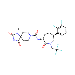 CN1C(=O)NC(=O)C12CCN(C(=O)N[C@@H]1CC[C@@H](c3cccc(F)c3F)CN(CC(F)(F)F)C1=O)CC2 ZINC000049723336