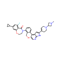 CN1CC(N2CC=C(c3cc4c(-c5cccc(N6CCOc7cc(C8CC8)cc(F)c7C6=O)c5CO)ccnc4[nH]3)CC2)C1 ZINC001772641179