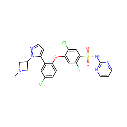 CN1CC(n2nccc2-c2cc(Cl)ccc2Oc2cc(F)c(S(=O)(=O)Nc3ncccn3)cc2Cl)C1 ZINC000095583154