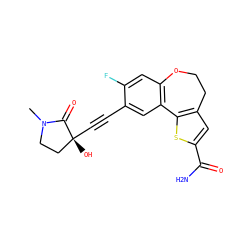 CN1CC[C@@](O)(C#Cc2cc3c(cc2F)OCCc2cc(C(N)=O)sc2-3)C1=O ZINC000219497741