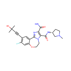 CN1CC[C@@H](NC(=O)c2c(C(N)=O)nc3n2CCOc2cc(F)c(C#CC(C)(C)O)cc2-3)C1 ZINC000215744516