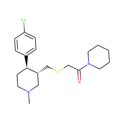 CN1CC[C@@H](c2ccc(Cl)cc2)[C@H](CSCC(=O)N2CCCCC2)C1 ZINC000013677476