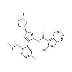 CN1CC[C@@H](n2cc(NC(=O)c3c(N)nn4cccnc34)c(-c3cc(Cl)ccc3OC(F)F)n2)C1 ZINC001772599774