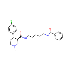 CN1CC[C@H](c2ccc(Cl)cc2)[C@@H](C(=O)NCCCCCNC(=O)c2ccccc2)C1 ZINC000013862755