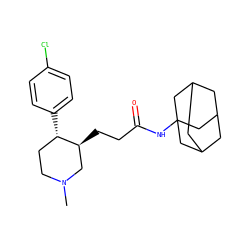 CN1CC[C@H](c2ccc(Cl)cc2)[C@@H](CCC(=O)NC23CC4CC(CC(C4)C2)C3)C1 ZINC000013579489