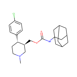 CN1CC[C@H](c2ccc(Cl)cc2)[C@@H](COC(=O)NC23CC4CC(CC(C4)C2)C3)C1 ZINC000013579463