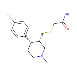 CN1CC[C@H](c2ccc(Cl)cc2)[C@H](CSCC(N)=O)C1 ZINC000013677515