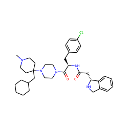 CN1CCC(CC2CCCCC2)(N2CCN(C(=O)[C@@H](Cc3ccc(Cl)cc3)NC(=O)C[C@H]3NCc4ccccc43)CC2)CC1 ZINC000038157817