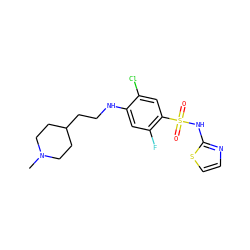 CN1CCC(CCNc2cc(F)c(S(=O)(=O)Nc3nccs3)cc2Cl)CC1 ZINC001772627761