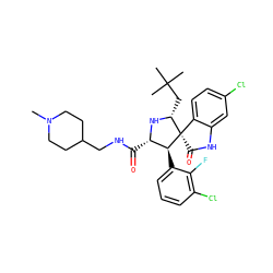 CN1CCC(CNC(=O)[C@@H]2N[C@H](CC(C)(C)C)[C@]3(C(=O)Nc4cc(Cl)ccc43)[C@H]2c2cccc(Cl)c2F)CC1 ZINC000147072481