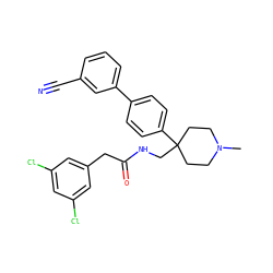 CN1CCC(CNC(=O)Cc2cc(Cl)cc(Cl)c2)(c2ccc(-c3cccc(C#N)c3)cc2)CC1 ZINC000028124931