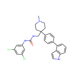 CN1CCC(CNC(=O)Nc2cc(Cl)cc(Cl)c2)(c2ccc(-c3cccc4[nH]ccc34)cc2)CC1 ZINC000095607626