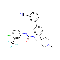 CN1CCC(CNC(=O)Nc2ccc(Cl)c(C(F)(F)F)c2)(c2ccc(-c3cccc(C#N)c3)cc2)CC1 ZINC000028112637