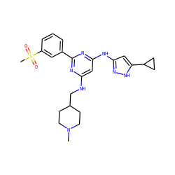 CN1CCC(CNc2cc(Nc3cc(C4CC4)[nH]n3)nc(-c3cccc(S(C)(=O)=O)c3)n2)CC1 ZINC000084620013