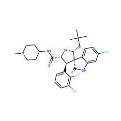 CN1CCC(NC(=O)[C@@H]2N[C@H](CC(C)(C)C)[C@]3(C(=O)Nc4cc(Cl)ccc43)[C@H]2c2cccc(Cl)c2F)CC1 ZINC000146995889