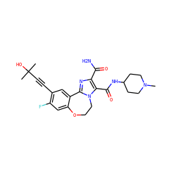 CN1CCC(NC(=O)c2c(C(N)=O)nc3n2CCOc2cc(F)c(C#CC(C)(C)O)cc2-3)CC1 ZINC000215744234
