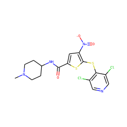 CN1CCC(NC(=O)c2cc([N+](=O)[O-])c(Sc3c(Cl)cncc3Cl)s2)CC1 ZINC000095574885