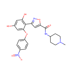 CN1CCC(NC(=O)c2cc(-c3c(O)cc(O)cc3Oc3ccc([N+](=O)[O-])cc3)no2)CC1 ZINC000068247153