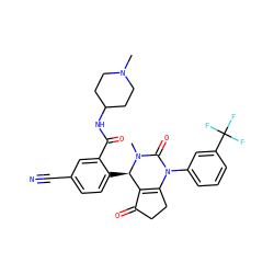 CN1CCC(NC(=O)c2cc(C#N)ccc2[C@@H]2C3=C(CCC3=O)N(c3cccc(C(F)(F)F)c3)C(=O)N2C)CC1 ZINC001772615292