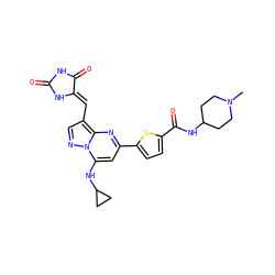 CN1CCC(NC(=O)c2ccc(-c3cc(NC4CC4)n4ncc(/C=C5\NC(=O)NC5=O)c4n3)s2)CC1 ZINC000205042323