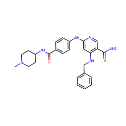 CN1CCC(NC(=O)c2ccc(Nc3cc(NCc4ccccc4)c(C(N)=O)cn3)cc2)CC1 ZINC001772650893