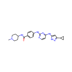 CN1CCC(NC(=O)c2ccc(Nc3nccc(Nc4cc(C5CC5)n[nH]4)n3)cc2)CC1 ZINC000169104970