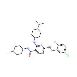 CN1CCC(NC(=O)c2cnc(NCc3cc(Cl)ccc3Cl)nc2NC2CCC(N(C)C)CC2)CC1 ZINC000095596994