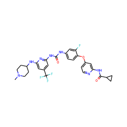 CN1CCC(Nc2cc(C(F)(F)F)cc(NC(=O)Nc3ccc(Oc4ccnc(NC(=O)C5CC5)c4)c(F)c3)n2)CC1 ZINC001772638964