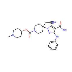 CN1CCC(OC(=O)N2CCC(CC#N)(n3cc(C(N)=O)c(Nc4ccccc4)n3)CC2)CC1 ZINC000222100304