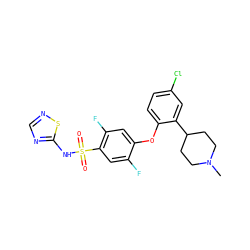 CN1CCC(c2cc(Cl)ccc2Oc2cc(F)c(S(=O)(=O)Nc3ncns3)cc2F)CC1 ZINC000095582052