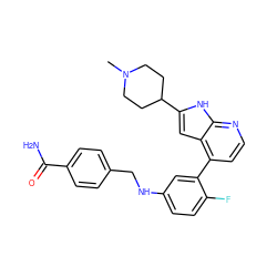 CN1CCC(c2cc3c(-c4cc(NCc5ccc(C(N)=O)cc5)ccc4F)ccnc3[nH]2)CC1 ZINC000226082688