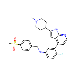 CN1CCC(c2cc3c(-c4cc(NCc5ccc(S(C)(=O)=O)cc5)ccc4F)ccnc3[nH]2)CC1 ZINC000226051887
