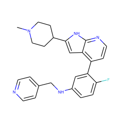CN1CCC(c2cc3c(-c4cc(NCc5ccncc5)ccc4F)ccnc3[nH]2)CC1 ZINC000226074498