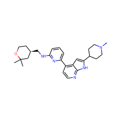 CN1CCC(c2cc3c(-c4cccc(NC[C@@H]5CCOC(C)(C)C5)n4)ccnc3[nH]2)CC1 ZINC000220226582