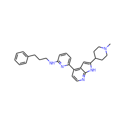 CN1CCC(c2cc3c(-c4cccc(NCCCc5ccccc5)n4)ccnc3[nH]2)CC1 ZINC000220206169