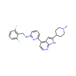 CN1CCC(c2cc3c(-c4cccc(NCc5c(F)cccc5F)n4)ccnc3[nH]2)CC1 ZINC000220226847