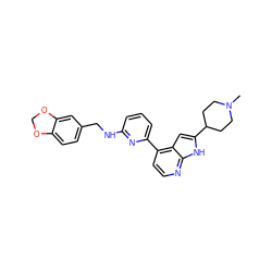 CN1CCC(c2cc3c(-c4cccc(NCc5ccc6c(c5)OCO6)n4)ccnc3[nH]2)CC1 ZINC000220226947