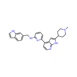 CN1CCC(c2cc3c(-c4cccc(NCc5ccc6cc[nH]c6c5)n4)ccnc3[nH]2)CC1 ZINC000226060878