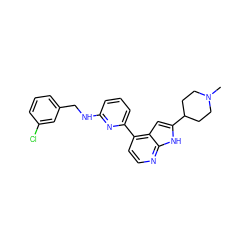 CN1CCC(c2cc3c(-c4cccc(NCc5cccc(Cl)c5)n4)ccnc3[nH]2)CC1 ZINC000220226746