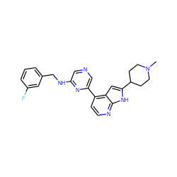 CN1CCC(c2cc3c(-c4cncc(NCc5cccc(F)c5)n4)ccnc3[nH]2)CC1 ZINC000220366298