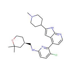 CN1CCC(c2cc3c(-c4nc(NC[C@@H]5CCOC(C)(C)C5)ccc4Cl)ccnc3[nH]2)CC1 ZINC000226078999
