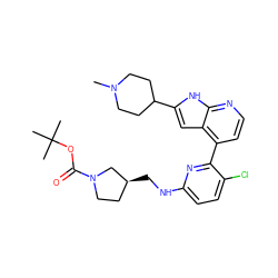 CN1CCC(c2cc3c(-c4nc(NC[C@H]5CCN(C(=O)OC(C)(C)C)C5)ccc4Cl)ccnc3[nH]2)CC1 ZINC000226072945