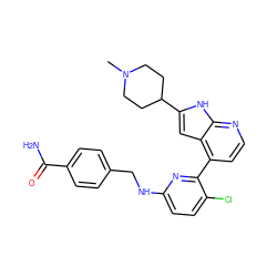 CN1CCC(c2cc3c(-c4nc(NCc5ccc(C(N)=O)cc5)ccc4Cl)ccnc3[nH]2)CC1 ZINC000226063015