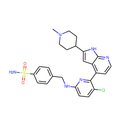 CN1CCC(c2cc3c(-c4nc(NCc5ccc(S(N)(=O)=O)cc5)ccc4Cl)ccnc3[nH]2)CC1 ZINC000226044890