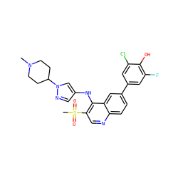 CN1CCC(n2cc(Nc3c(S(C)(=O)=O)cnc4ccc(-c5cc(F)c(O)c(Cl)c5)cc34)cn2)CC1 ZINC000114039350