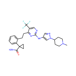 CN1CCC(n2cc(Nc3ncc(C(F)(F)F)c(CCc4ccccc4C4(C(N)=O)CC4)n3)cn2)CC1 ZINC000211051311