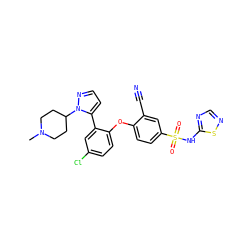 CN1CCC(n2nccc2-c2cc(Cl)ccc2Oc2ccc(S(=O)(=O)Nc3ncns3)cc2C#N)CC1 ZINC000095582401