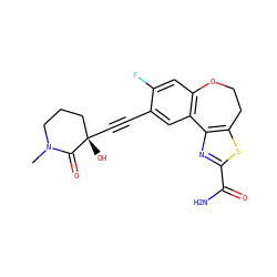 CN1CCC[C@](O)(C#Cc2cc3c(cc2F)OCCc2sc(C(N)=O)nc2-3)C1=O ZINC000215746327